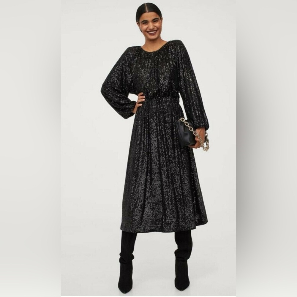 H&M holiday party black sequin long sleeve cut-out back midi dress size M